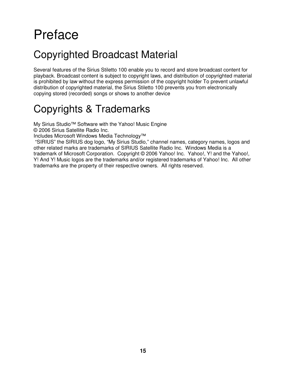 Preface, Copyrighted broadcast material, Copyrights & trademarks | Sirius Satellite Radio SIRIUS STILETTO 100 User Manual | Page 122 / 155