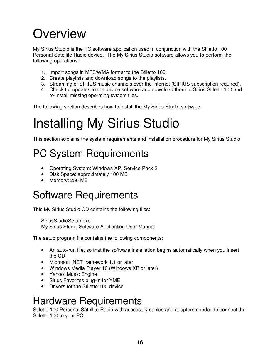 Overview, System requirements, Installing my sirius studio | Pc system requirements, Software requirements, Hardware requirements | Sirius Satellite Radio SIRIUS STILETTO 100 User Manual | Page 123 / 155