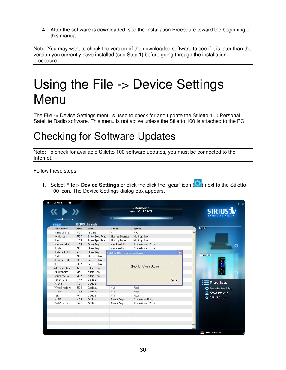 Using the file -> device settings menu, Checking for software updates | Sirius Satellite Radio SIRIUS STILETTO 100 User Manual | Page 137 / 155