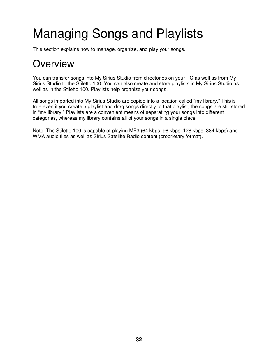 Managing songs and playlists, Overview | Sirius Satellite Radio SIRIUS STILETTO 100 User Manual | Page 139 / 155