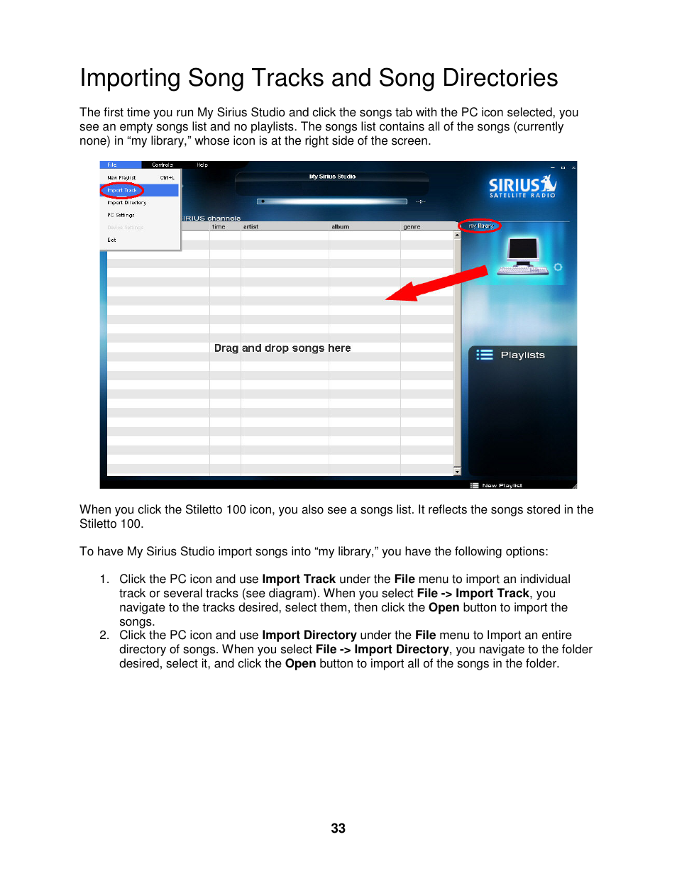 Importing song tracks and song directories | Sirius Satellite Radio SIRIUS STILETTO 100 User Manual | Page 140 / 155