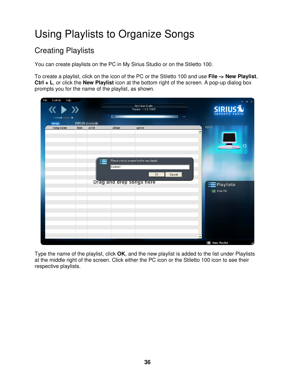 Using playlists to organize songs, Creating playlists | Sirius Satellite Radio SIRIUS STILETTO 100 User Manual | Page 143 / 155