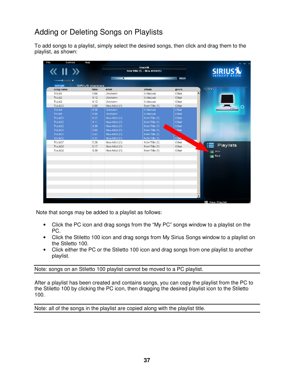 Adding or deleting songs on playlists | Sirius Satellite Radio SIRIUS STILETTO 100 User Manual | Page 144 / 155