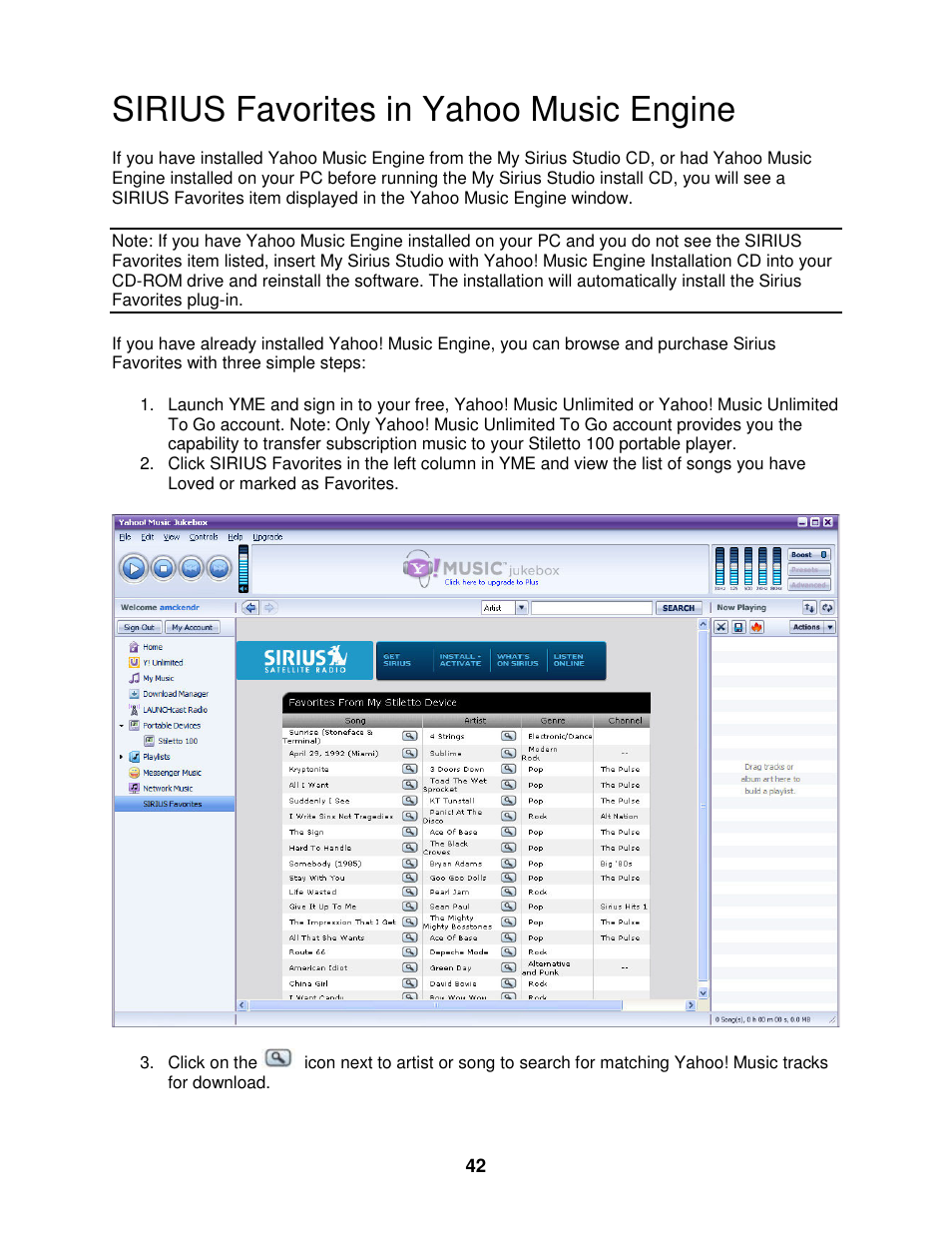 Sirius favorites in yahoo music engine | Sirius Satellite Radio SIRIUS STILETTO 100 User Manual | Page 149 / 155