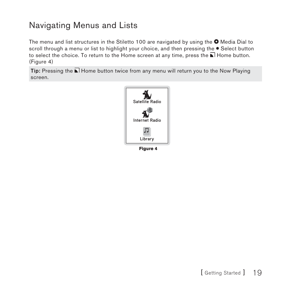 Navigating menus and lists | Sirius Satellite Radio SIRIUS STILETTO 100 User Manual | Page 19 / 155