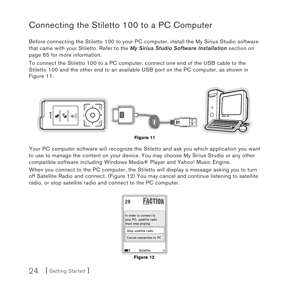 Connecting to a pc, Connecting the stiletto 100 to a pc computer, Getting started | Sirius Satellite Radio SIRIUS STILETTO 100 User Manual | Page 24 / 155