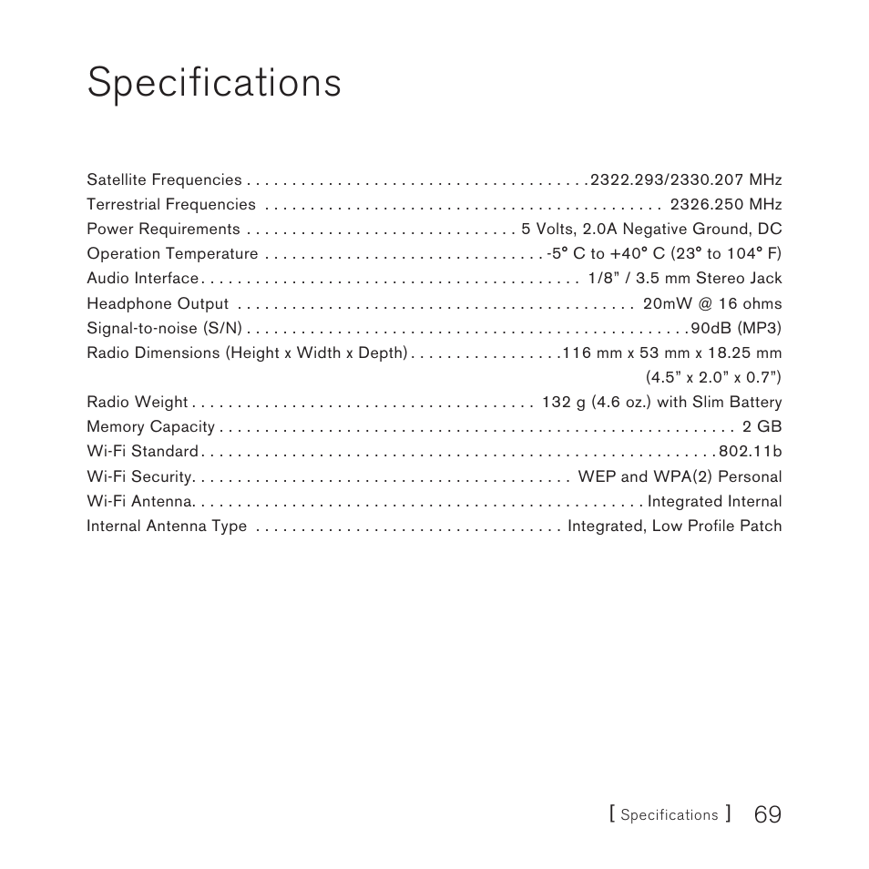 Specs, Specifications | Sirius Satellite Radio SIRIUS STILETTO 100 User Manual | Page 69 / 155