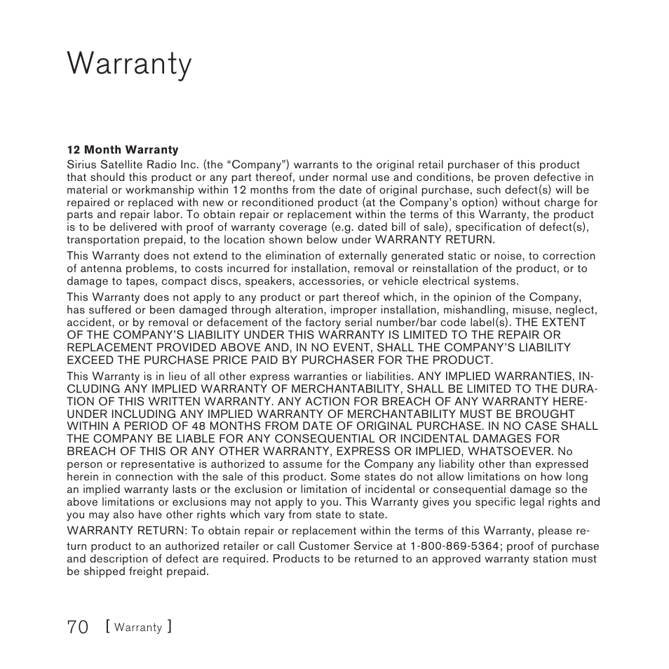 Warranty | Sirius Satellite Radio SIRIUS STILETTO 100 User Manual | Page 70 / 155
