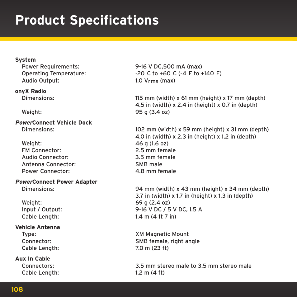 Product specifications | Sirius Satellite Radio TWILIGHT ISP2000 User Manual | Page 108 / 114