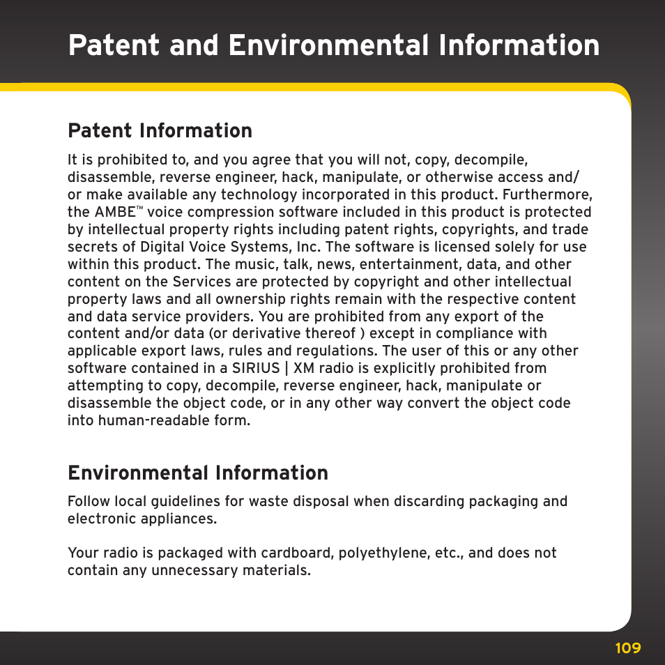 Patent and environmental information, Patent information, Environmental information | Sirius Satellite Radio TWILIGHT ISP2000 User Manual | Page 109 / 114