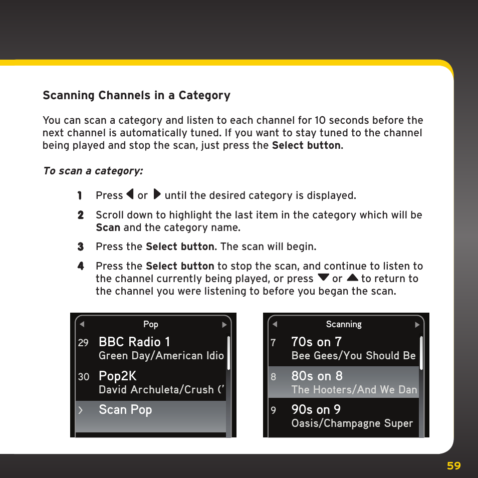 Bbc radio 1, Pop2k, Scan pop | 70s on 7, 80s on 8, 90s on 9 | Sirius Satellite Radio TWILIGHT ISP2000 User Manual | Page 59 / 114