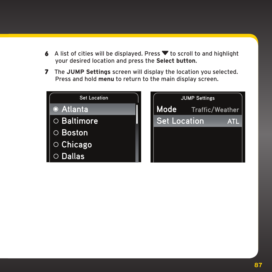 Configuring your onyx, Mode set location, Atlanta baltimore boston chicago dallas | Sirius Satellite Radio TWILIGHT ISP2000 User Manual | Page 87 / 114