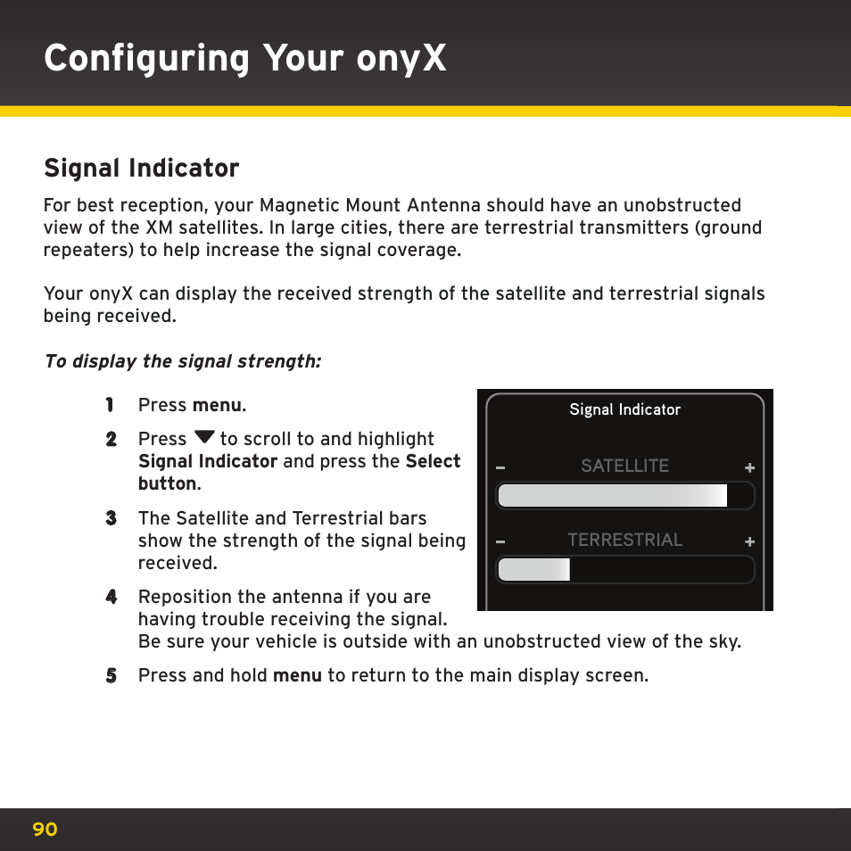 Configuring your onyx, Signal indicator | Sirius Satellite Radio TWILIGHT ISP2000 User Manual | Page 90 / 114
