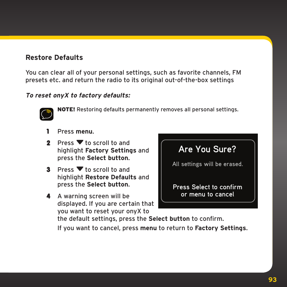 Configuring your onyx, Are you sure | Sirius Satellite Radio TWILIGHT ISP2000 User Manual | Page 93 / 114