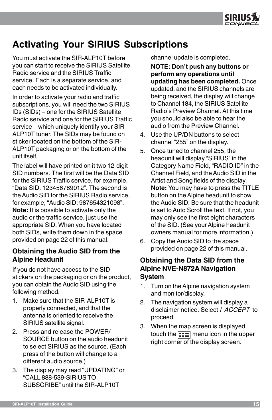 Activating your sirius subscriptions | Sirius Satellite Radio 102405b User Manual | Page 15 / 24