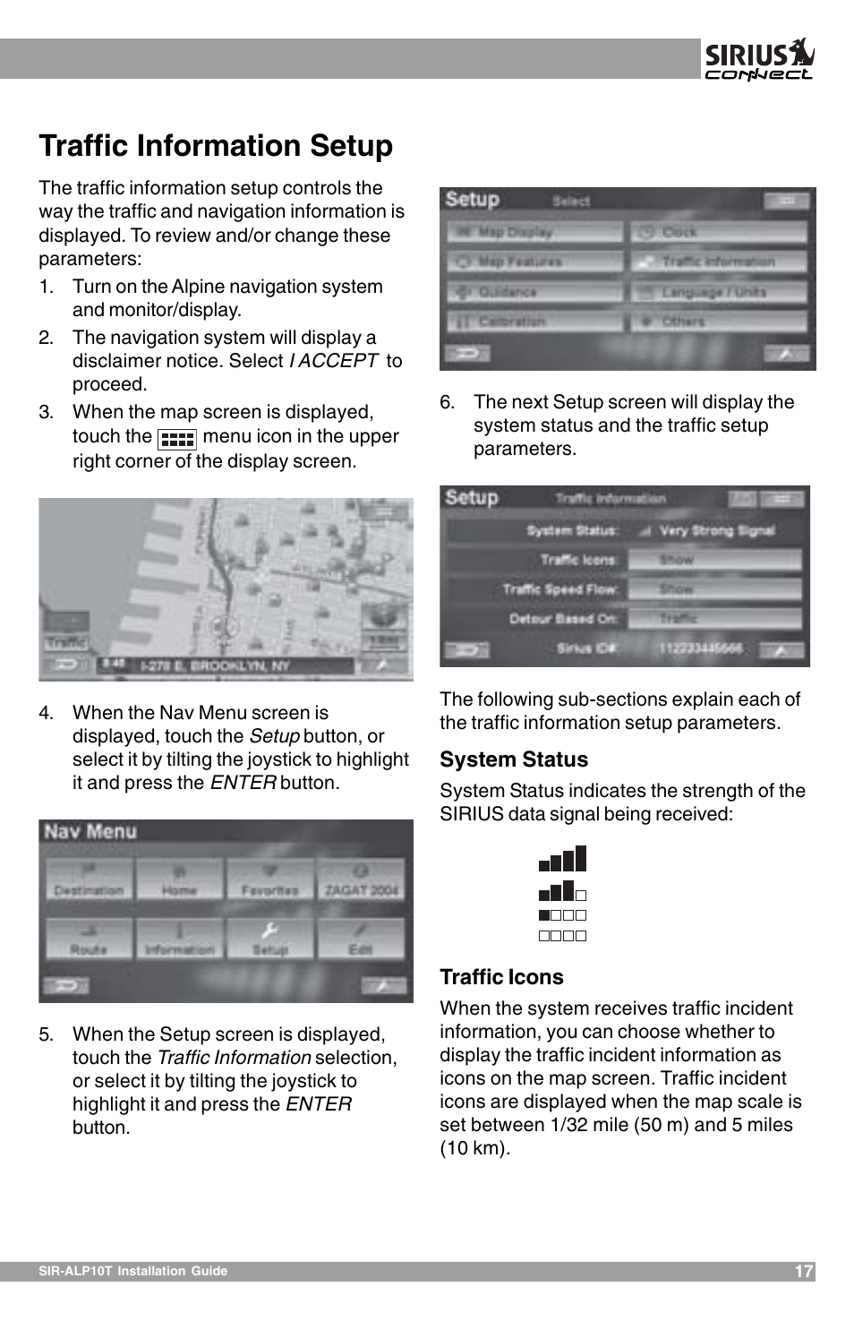 Traffic information setup, System status, Traffic icons | Sirius Satellite Radio 102405b User Manual | Page 17 / 24