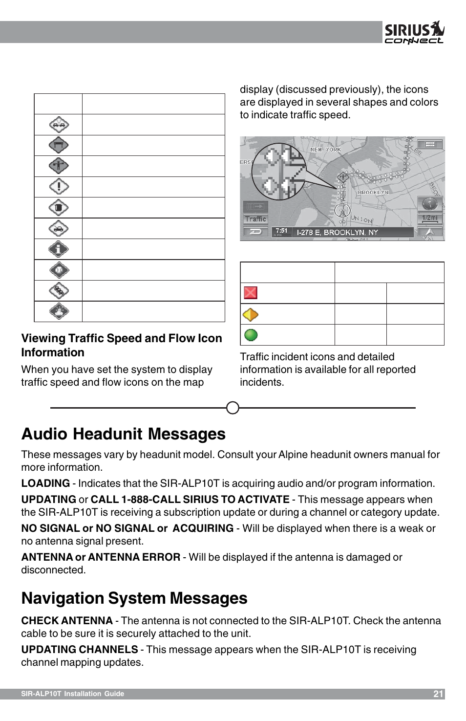 Audio headunit messages navigation system messages | Sirius Satellite Radio 102405b User Manual | Page 21 / 24