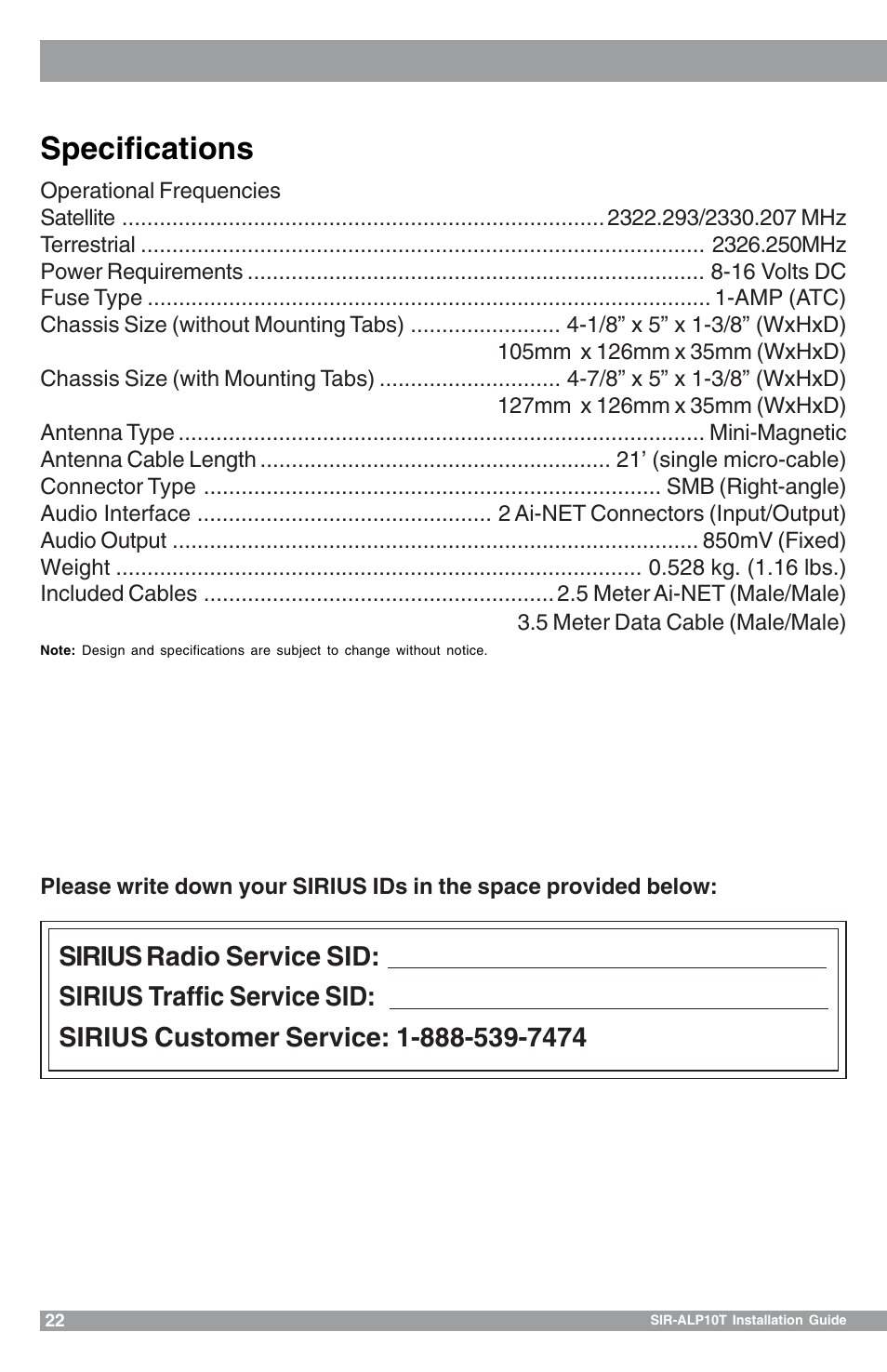 Specifications | Sirius Satellite Radio 102405b User Manual | Page 22 / 24