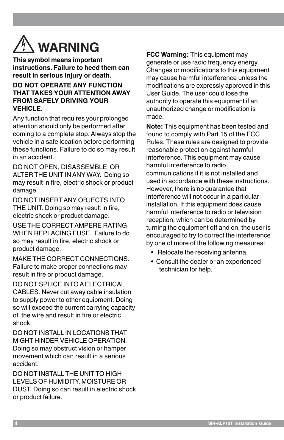 Warning | Sirius Satellite Radio 102405b User Manual | Page 4 / 24