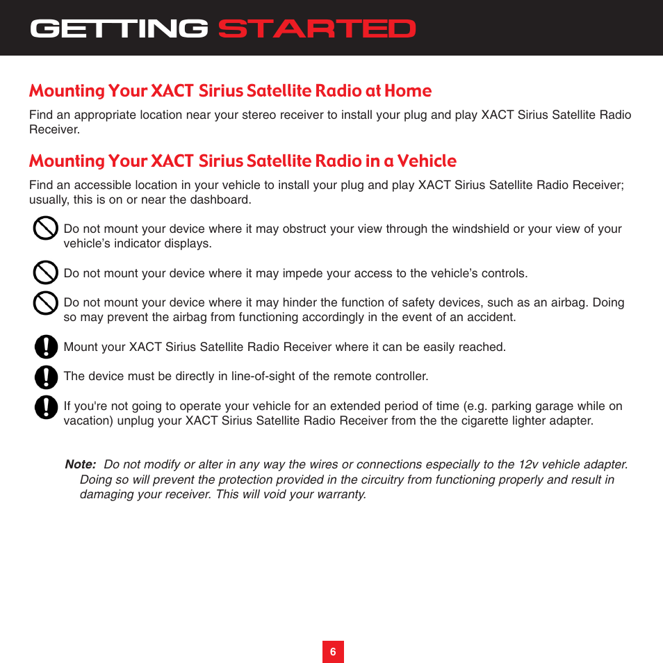 Getting started, Mounting your xact sirius satellite radio at home | Sirius Satellite Radio XTR8CK User Manual | Page 10 / 68