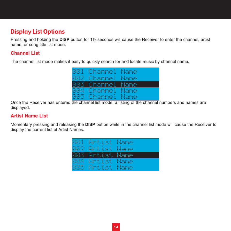 Display list options | Sirius Satellite Radio XTR8CK User Manual | Page 18 / 68