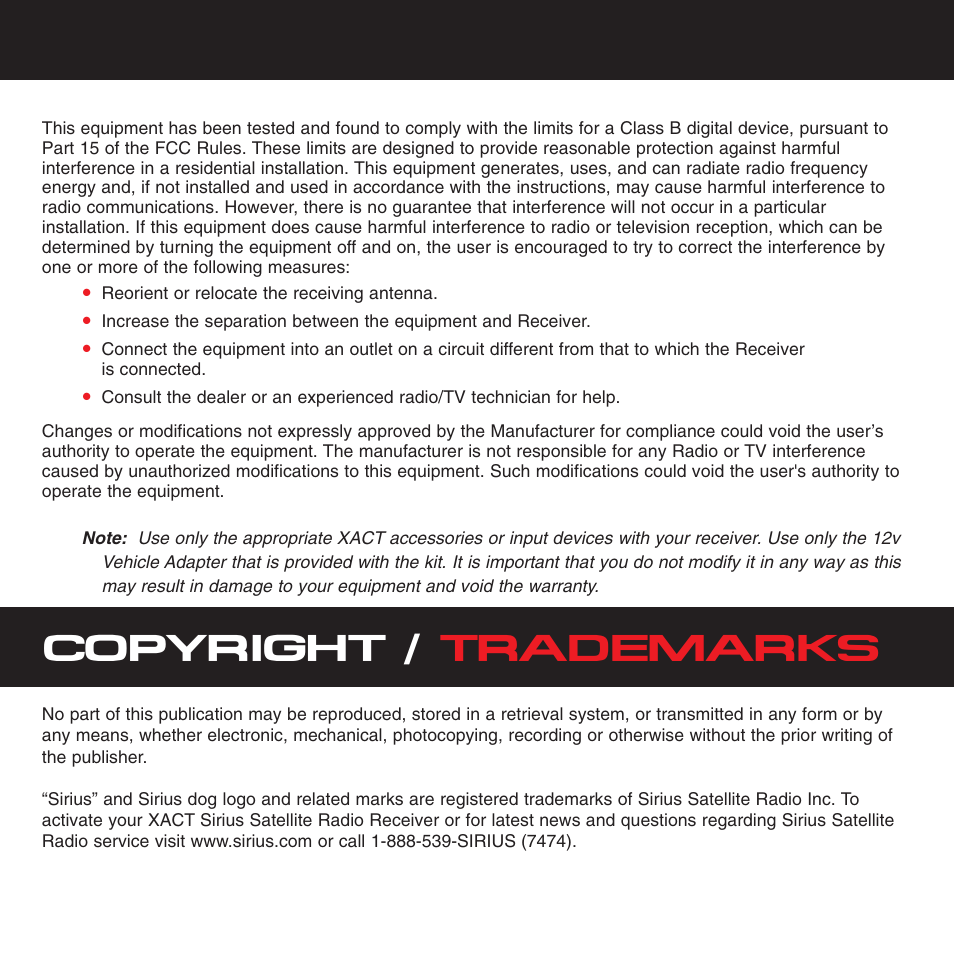 Copyright / trademarks | Sirius Satellite Radio XTR8CK User Manual | Page 3 / 68