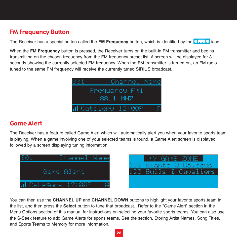 Fm frequency button, Game alert | Sirius Satellite Radio XTR8CK User Manual | Page 32 / 68