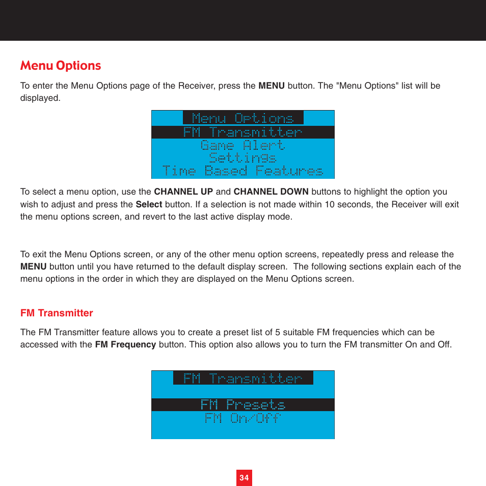 Menu options | Sirius Satellite Radio XTR8CK User Manual | Page 38 / 68