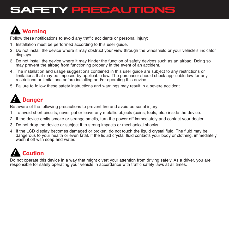 Safety precautions, Warning, Danger | Caution | Sirius Satellite Radio XTR8CK User Manual | Page 4 / 68