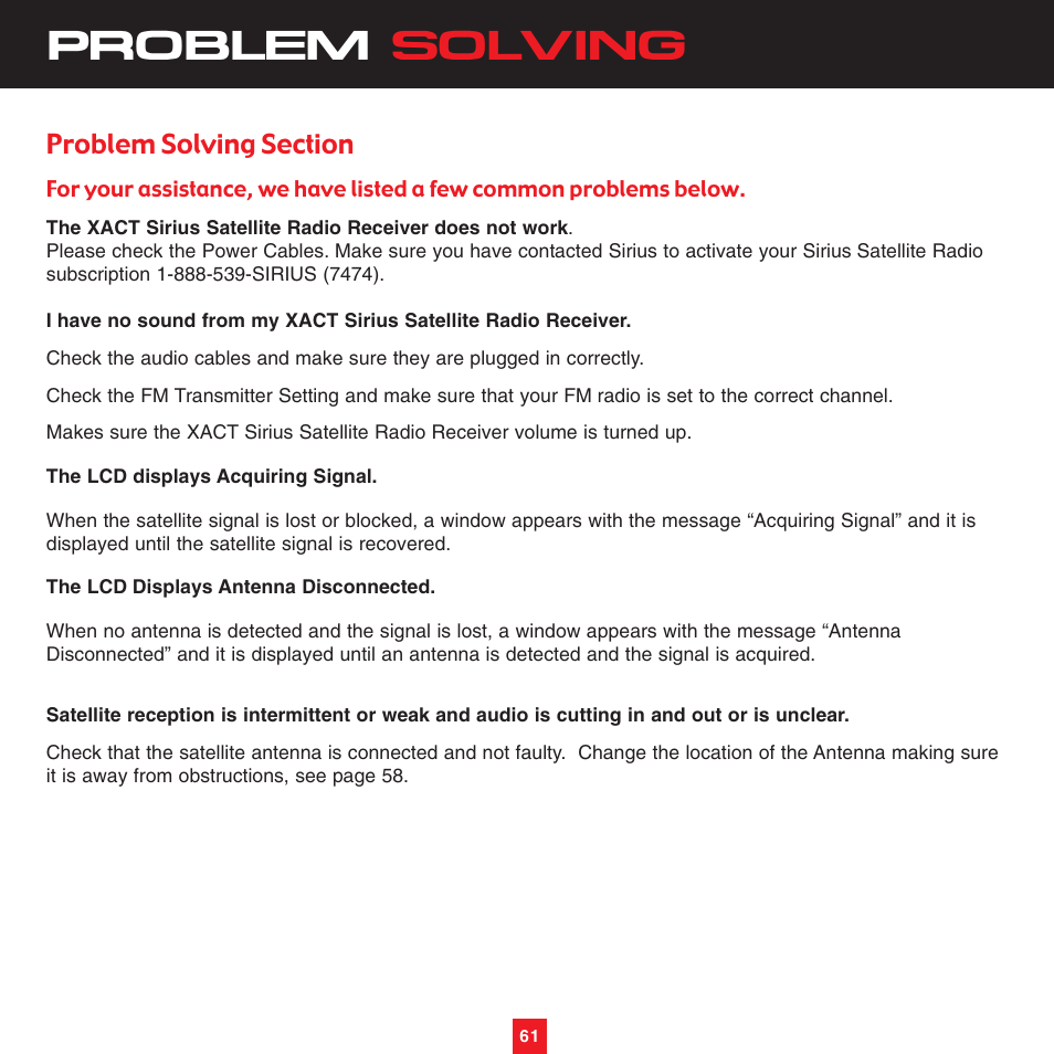 Problem solving | Sirius Satellite Radio XTR8CK User Manual | Page 65 / 68