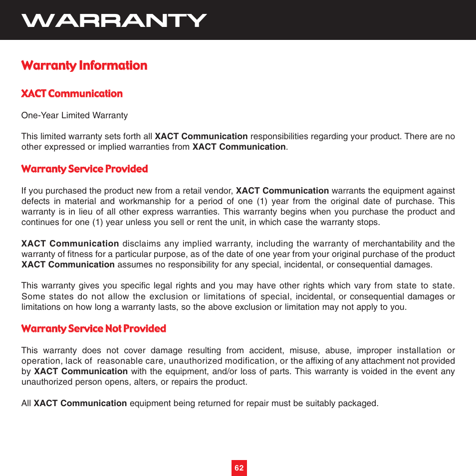 Warranty | Sirius Satellite Radio XTR8CK User Manual | Page 66 / 68
