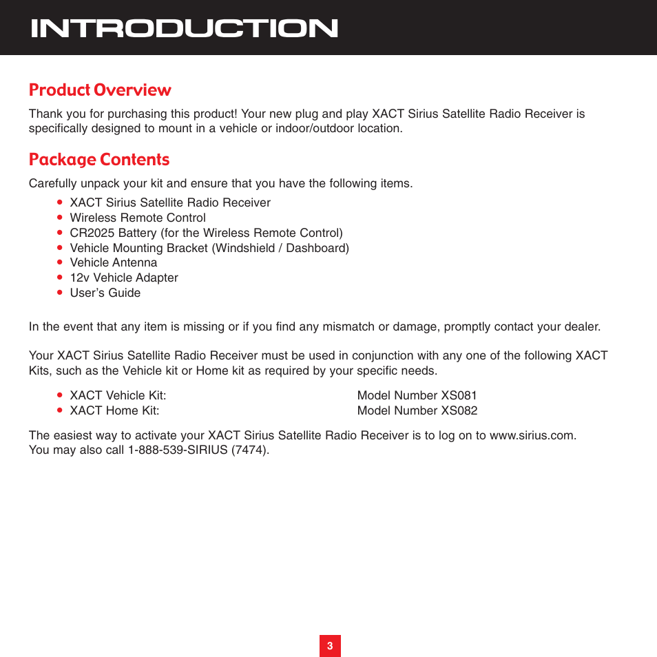 Introduction, Product overview, Package contents | Sirius Satellite Radio XTR8CK User Manual | Page 7 / 68