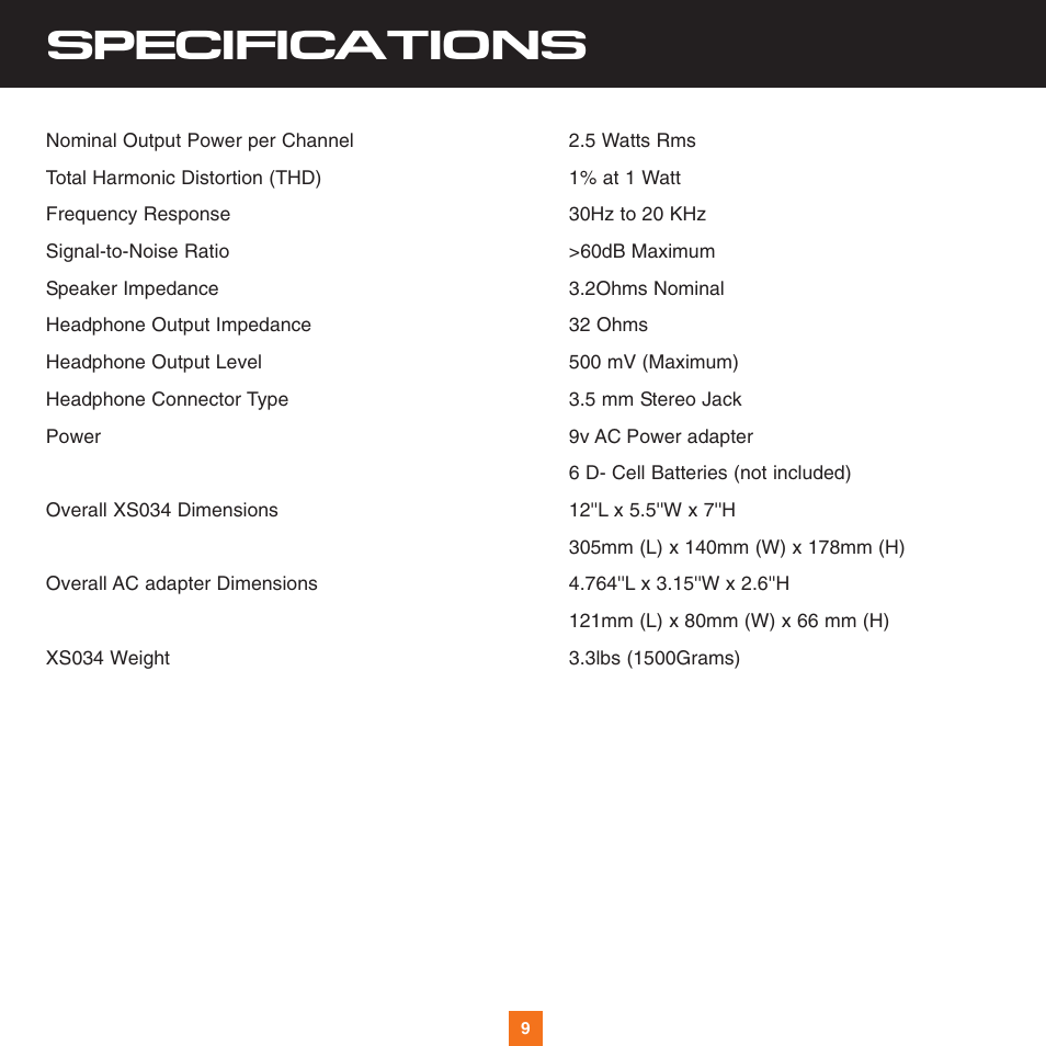 Specifications | Sirius Satellite Radio XS034 User Manual | Page 14 / 20