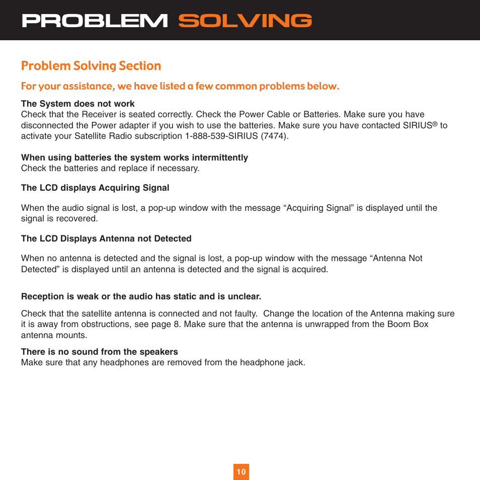 Problem solving | Sirius Satellite Radio XS034 User Manual | Page 15 / 20