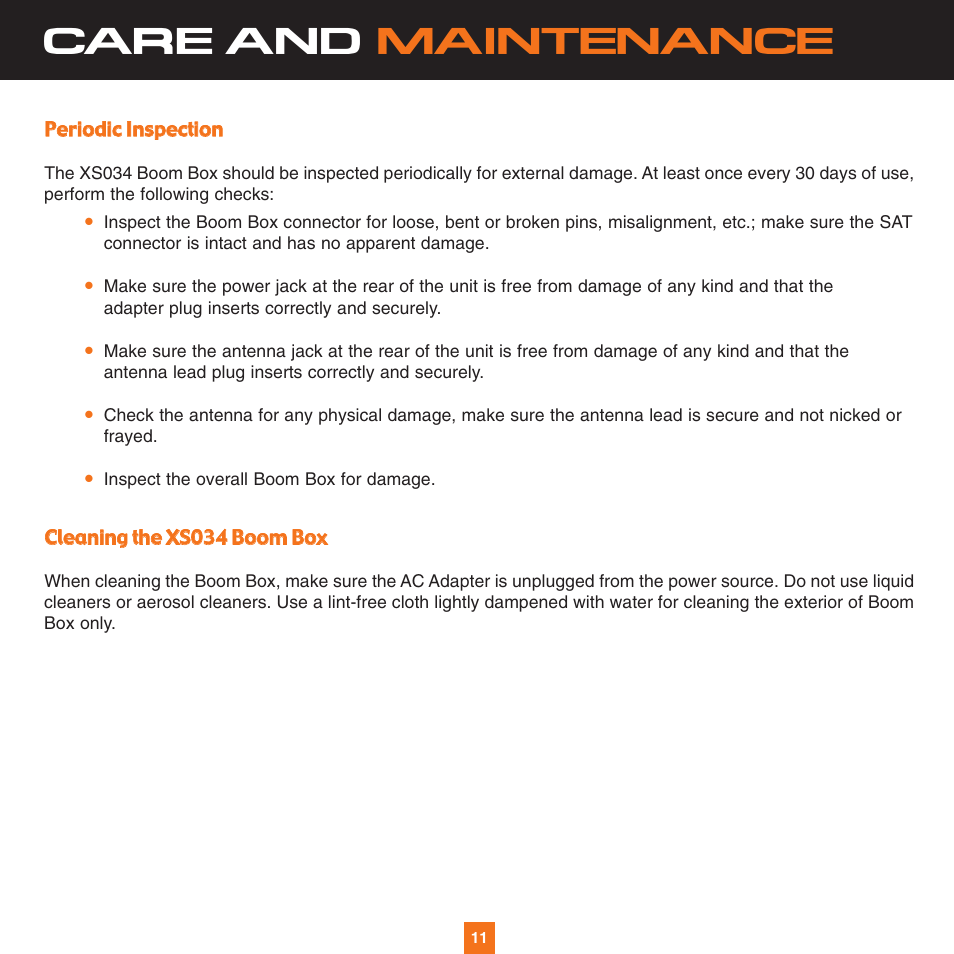 Care and maintenance | Sirius Satellite Radio XS034 User Manual | Page 16 / 20