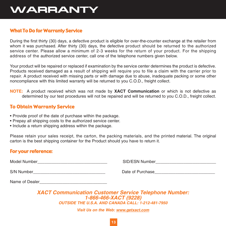 Warranty | Sirius Satellite Radio XS034 User Manual | Page 18 / 20