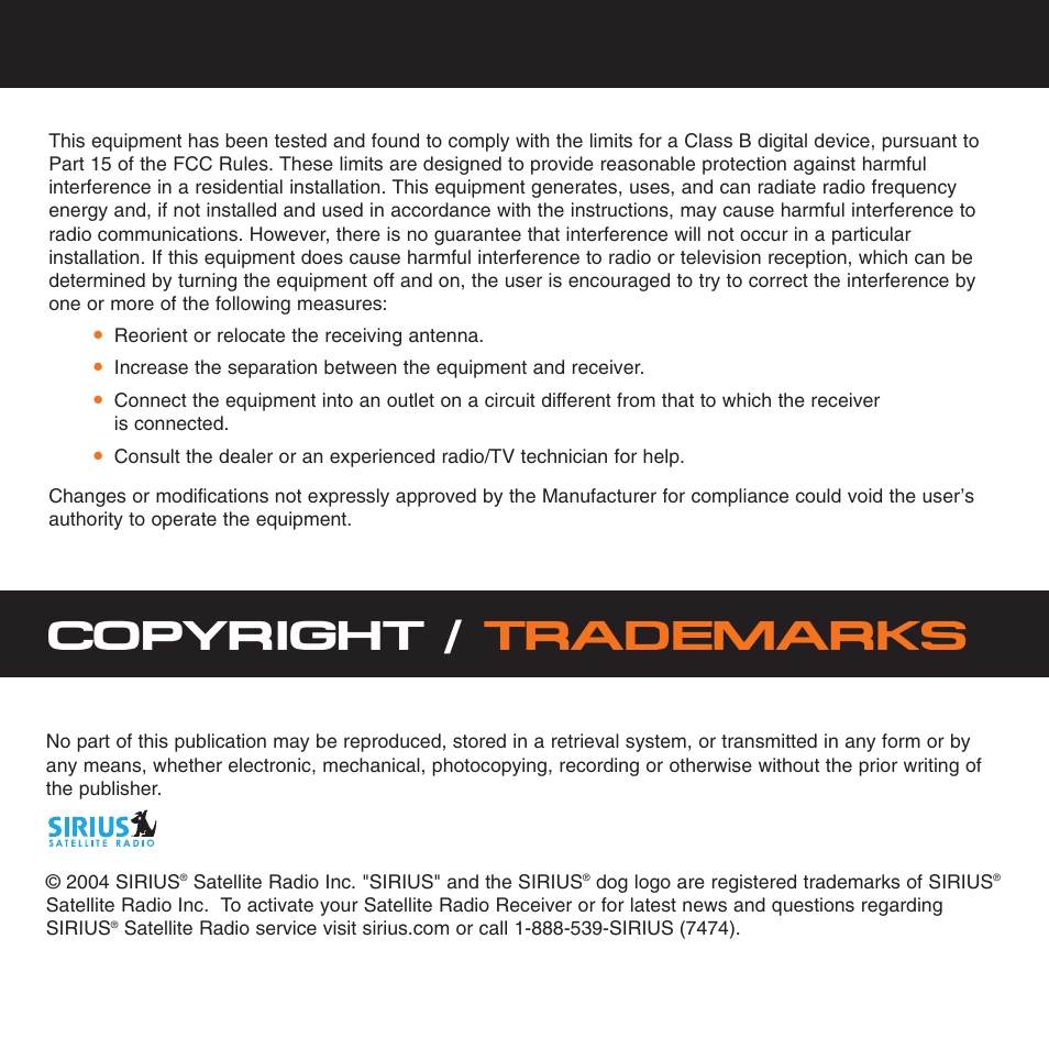 Copyright / trademarks | Sirius Satellite Radio XS034 User Manual | Page 3 / 20