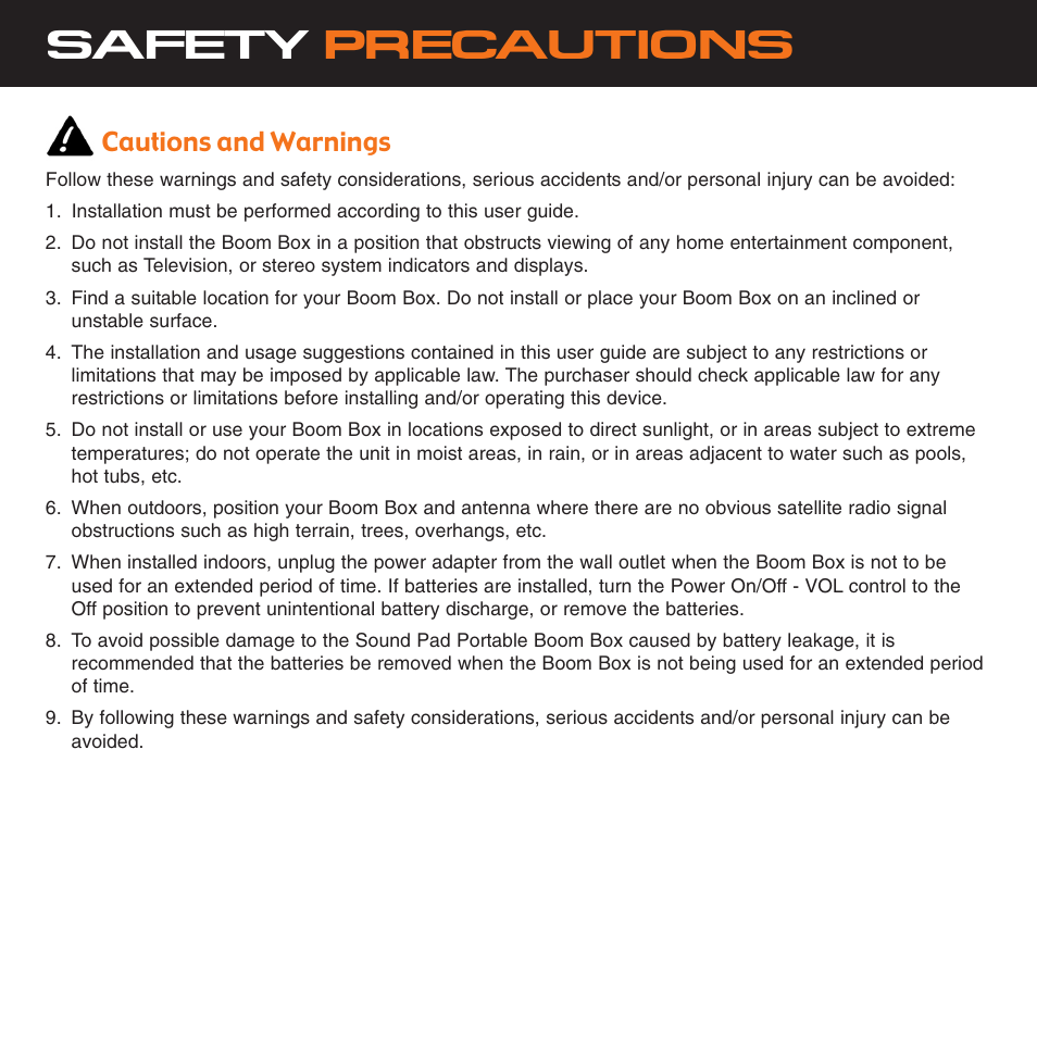 Safety precautions, Cautions and warnings | Sirius Satellite Radio XS034 User Manual | Page 4 / 20