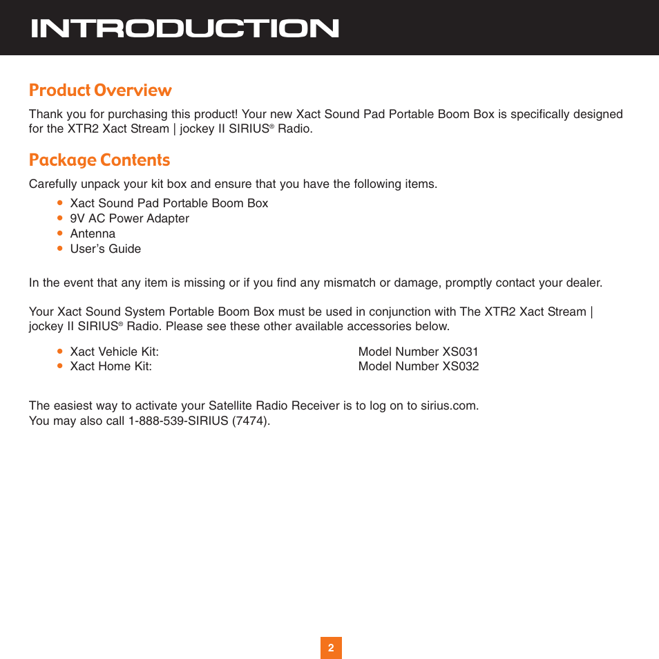 Introduction, Product overview, Package contents | Sirius Satellite Radio XS034 User Manual | Page 7 / 20