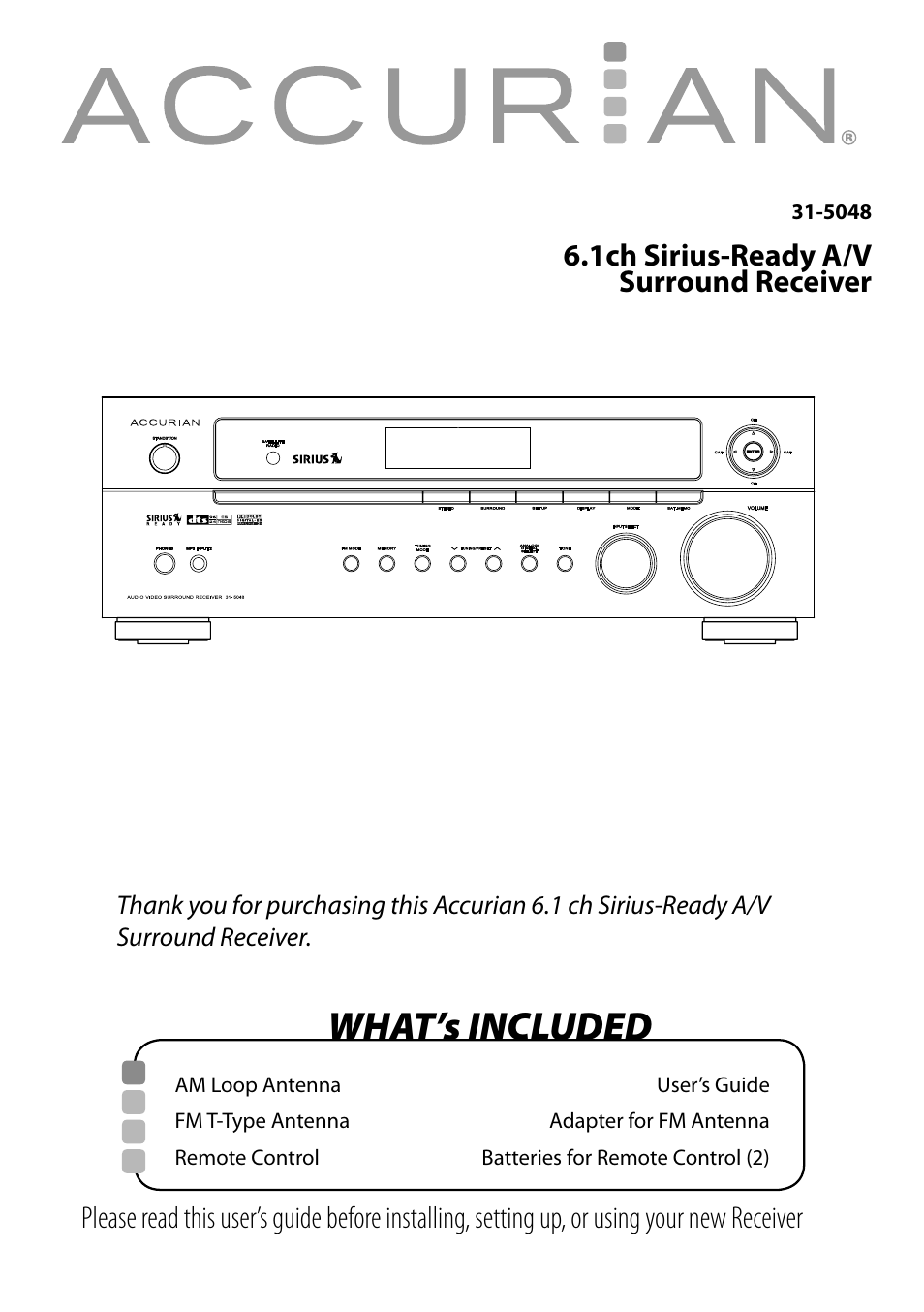Sirius Satellite Radio ACCURIAN 6.1ch Sirius-Ready A/V Surround Receiver User Manual | 60 pages