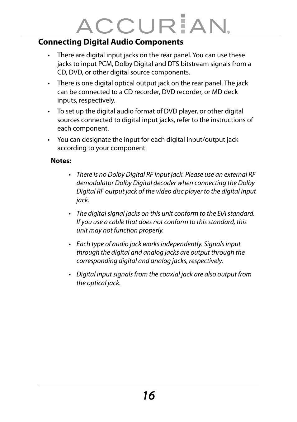 Connecting digital audio components | Sirius Satellite Radio ACCURIAN 6.1ch Sirius-Ready A/V Surround Receiver User Manual | Page 16 / 60