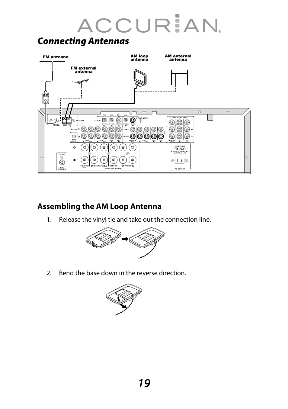 Connecting antennas, Assembling the am loop antenna | Sirius Satellite Radio ACCURIAN 6.1ch Sirius-Ready A/V Surround Receiver User Manual | Page 19 / 60