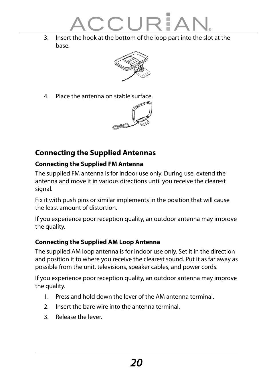 Connecting the supplied antennas | Sirius Satellite Radio ACCURIAN 6.1ch Sirius-Ready A/V Surround Receiver User Manual | Page 20 / 60