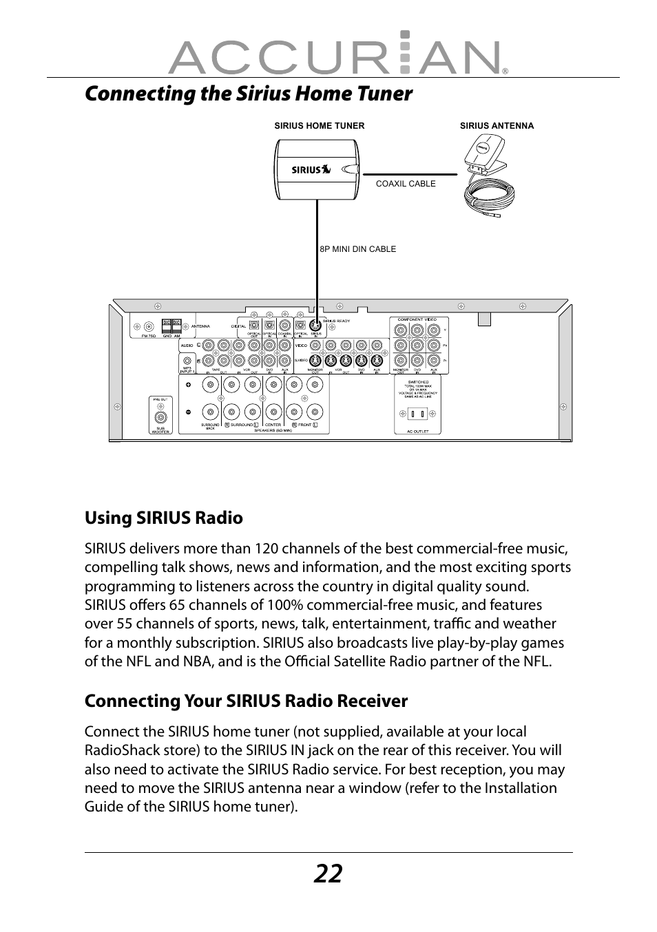 Connecting the sirius home tuner, Using sirius radio, Connecting your sirius radio receiver | Sirius Satellite Radio ACCURIAN 6.1ch Sirius-Ready A/V Surround Receiver User Manual | Page 22 / 60