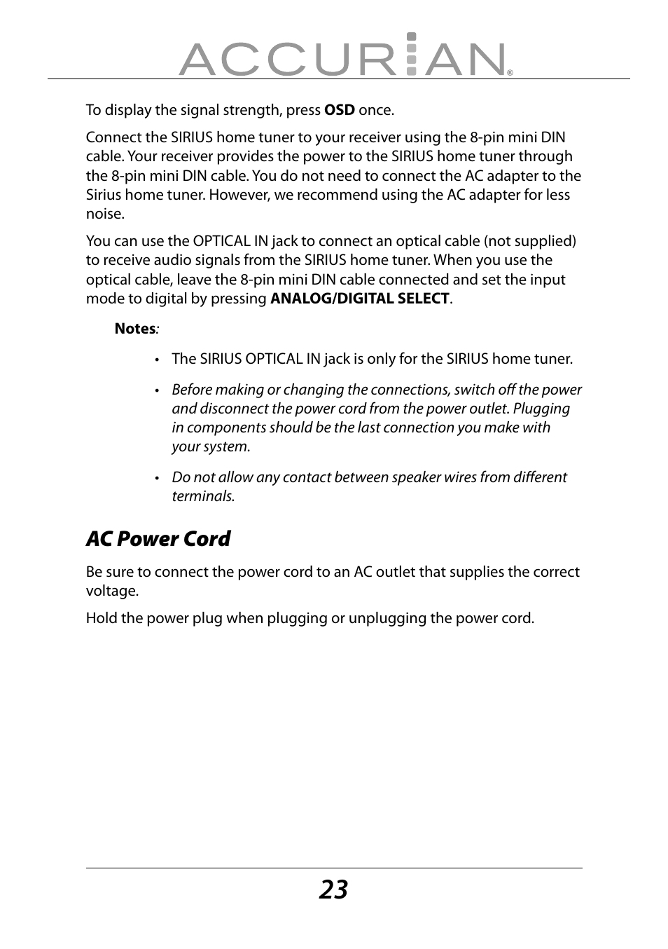 Ac power cord | Sirius Satellite Radio ACCURIAN 6.1ch Sirius-Ready A/V Surround Receiver User Manual | Page 23 / 60