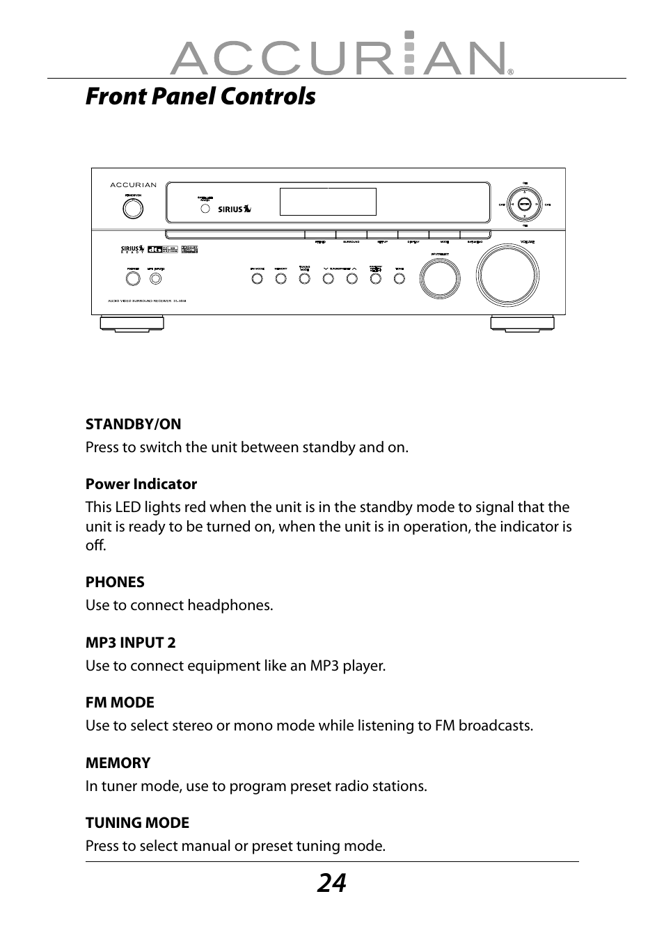 Front panel controls | Sirius Satellite Radio ACCURIAN 6.1ch Sirius-Ready A/V Surround Receiver User Manual | Page 24 / 60