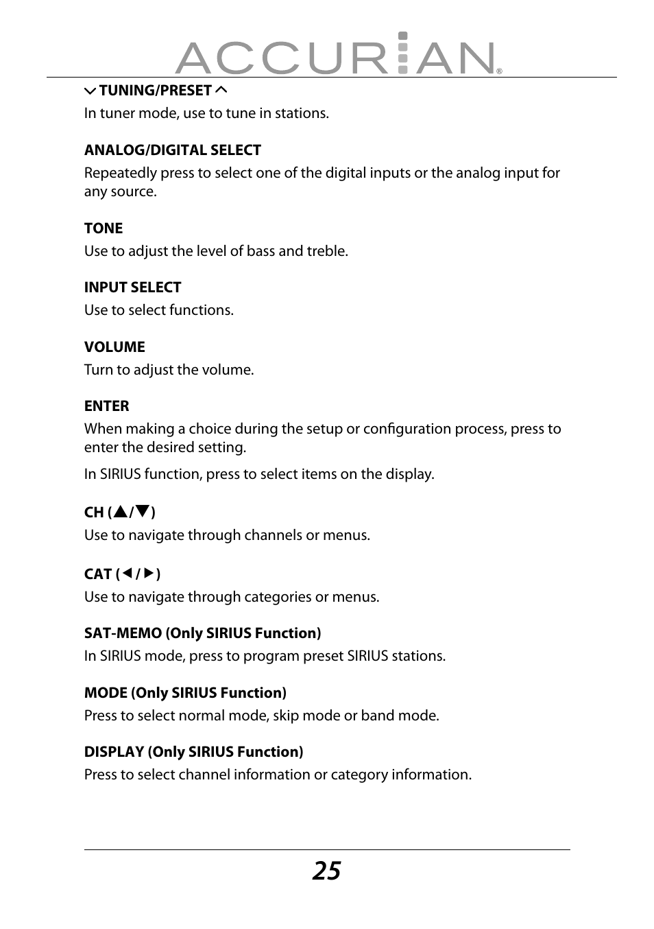 Sirius Satellite Radio ACCURIAN 6.1ch Sirius-Ready A/V Surround Receiver User Manual | Page 25 / 60