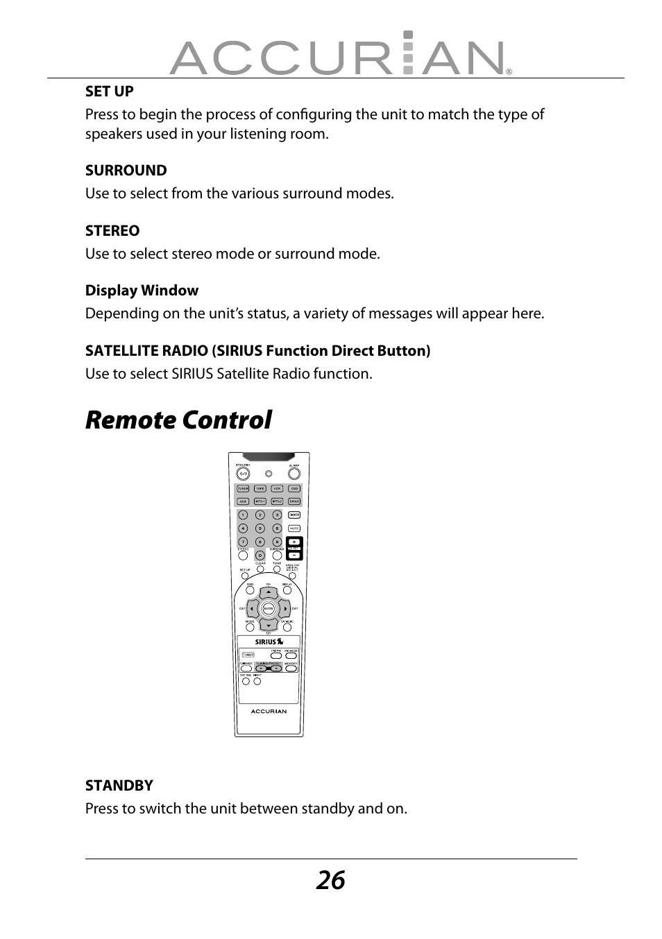 Remote control | Sirius Satellite Radio ACCURIAN 6.1ch Sirius-Ready A/V Surround Receiver User Manual | Page 26 / 60