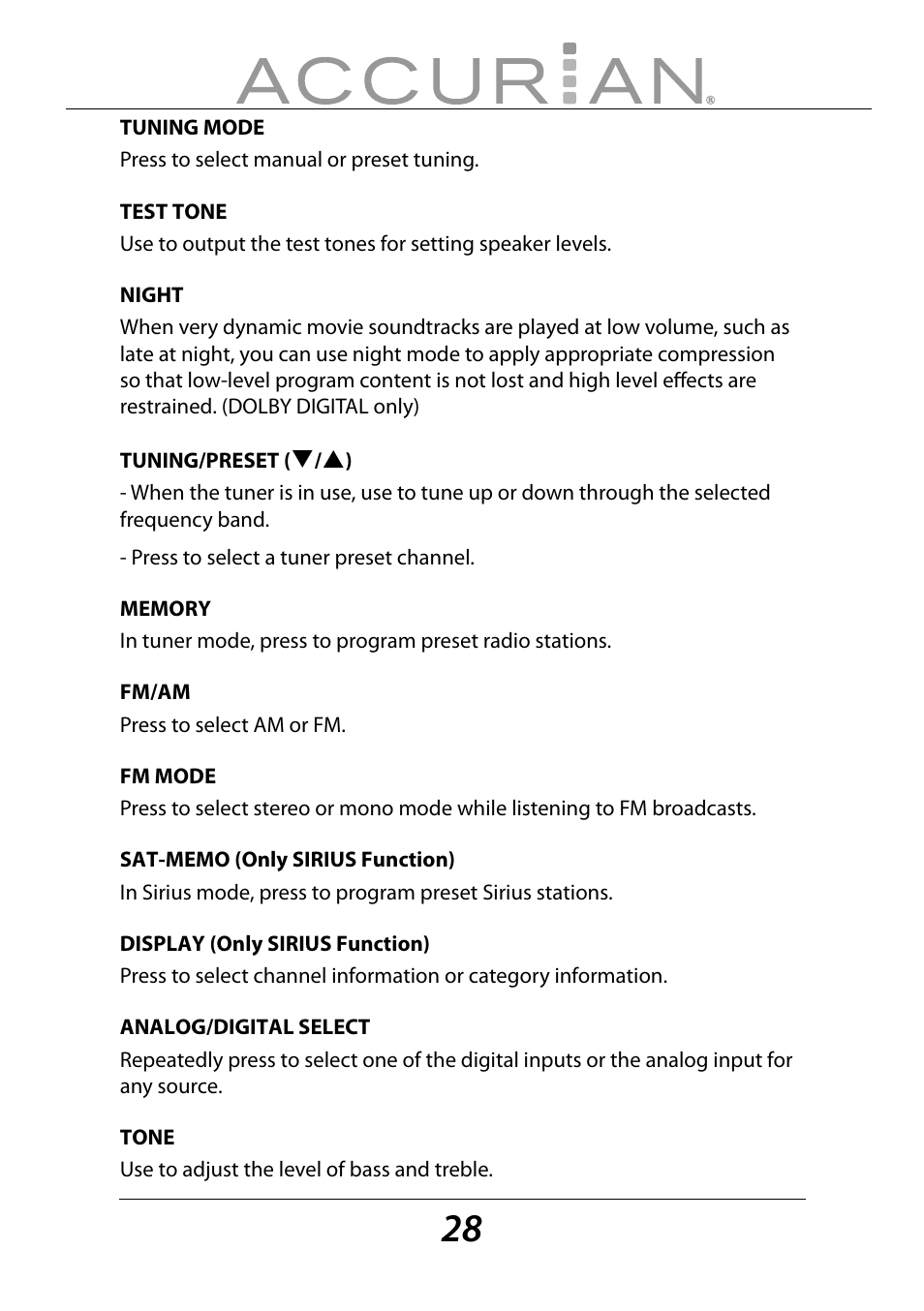 Sirius Satellite Radio ACCURIAN 6.1ch Sirius-Ready A/V Surround Receiver User Manual | Page 28 / 60