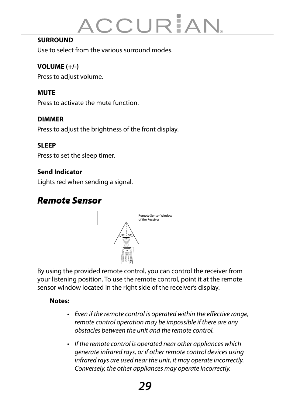 Remote sensor | Sirius Satellite Radio ACCURIAN 6.1ch Sirius-Ready A/V Surround Receiver User Manual | Page 29 / 60